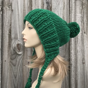 Chunky Knit Hat with Pom Pom, Womens Hat, Mens Hat, Winter Hat, Knit Cap, Knit Beanie, Slouchy Beanie, Slouchy Hat, Christmas Green