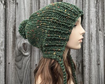 Hand Knit Beanie, Chunky Knit Hat with Pom Pom, Womens Hat, Mens Hat, Winter Hat, Slouchy Beanie, Slouchy Knit Hat, Knit Cap