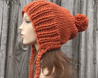 Chunky Knit Hat, Womens Hat, Mens Hat, Winter Hat, Knit Cap, Knit Beanie, Slouchy Beanie, Slouchy Hat, Knit Hat with Pom Pom, Rust Orange