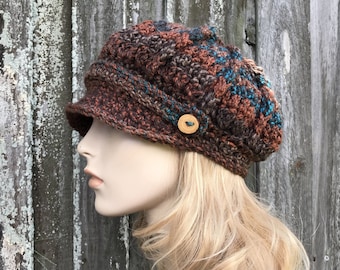 Cappello boho, berretto da strillone, cappello all'uncinetto, cappello da donna con tesa, cappello invernale, berretto da strillone, berretto da golf, cappello da fornaio, pavone cioccolato