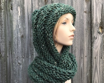 Hooded Cowl, Oversized Scarf, Chunky Cowl Hood, Winter Scarf, Womens Scarf, Hooded Scarf, Wrap Hood, Gretel Wrap Hood, Kale Green