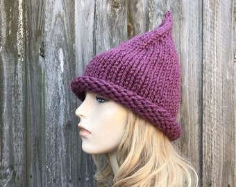 Knit Witch Hat, Wizard Hat, Elf Hat, Gnome Hat, Halloween Costume, Halloween Hat, Chunky Knit Hat, Womens Hat, Mens Hat, Fig Purple