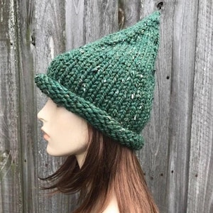 Witch Hat, Halloween Hat, Wizard Hat, Chunky Knit Hat, Womens Hat, Mens Hat, Winter Hat, Gnome Hat, Elf Hat, Kale Green