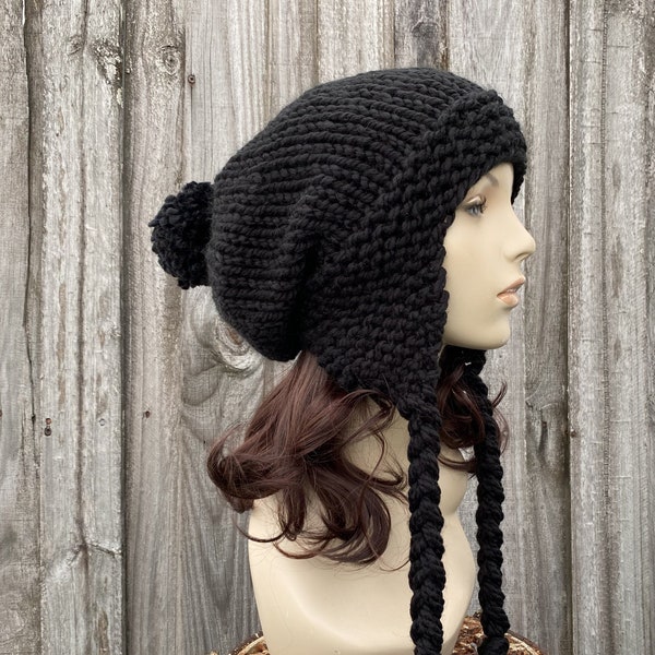 Black Hat, Slouchy Knit Hat with Ear Flaps, Chunky Knit Hat, Womens Hat, Mens Hat, Winter Hat, Knit Cap, Knit Beanie, Slouchy Beanie