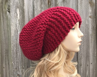 Chunky Knit Hat, Womens Hat, Mens Hat, Winter Hat, Knit Cap, Knit Beanie, Slouchy Hat, Slouchy Beanie, Oversized Hat, Cranberry Red