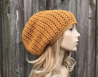 Crochet Hat, Womens Hat, Mens Hat, Winter Hat, Crochet Beanie, Crochet Cap, Slouchy Hat, Memphis Slouchy Beanie, Sungold Mustard