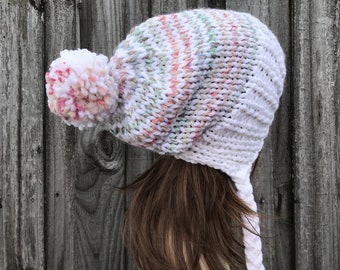 Chunky Knit Hat, Womens Hat, Mens Hat, Winter Hat, Knit Cap, Knit Beanie, Slouchy Beanie, Slouchy Hat, White and Carousel
