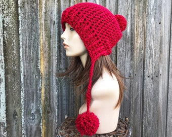 Chunky Crochet Hat with Pom Poms, Womens Hat, Winter Hat, Earflap Hat, Crochet Beanie, Crochet Cap, Marceline Beanie, Red