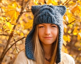 Chapeau de trappeur, bonnet en grosse maille, chapeau femme, chapeau pour homme, chapeau d'hiver, bonnet avec cache-oreilles, cadeaux pour elle, cadeau plein air, tueur de dragons, bleu jean