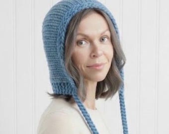 Womens Knit Hat, Aviator Hat, Adult Bonnet, Chunky Knit Hat, Womens Hat, Mens Hat, Winter Hat, Chunky Knit Hood with Ties, Sky Blue