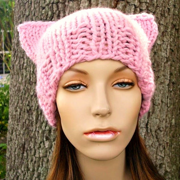 Pink Pussyhat, Pink Pussy Hat, Pink Cat Hat, Pink Cat Beanie, Cat Ear Hat, Chunky Knit Hat, Womens Hat, Mens Hat, Winter Hat, Blossom Pink