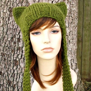 Cat Beanie, Cat Ear Beanie, Womens Cat Hat, Beanie with Ears, Chunky Knit Hat, Womens Hat, Winter Hat, Ear Flap Hat, Cilantro Green