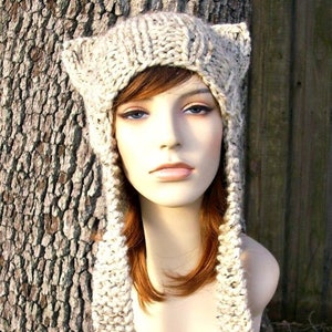 Cat Ear Hat, Hand Knit Cat Hat, Chunky Knit Hat, Womens Hat, Mens Hat, Winter Hat, Earflap Hat, Ear Flap Hat, Cat Beanie, Oatmeal