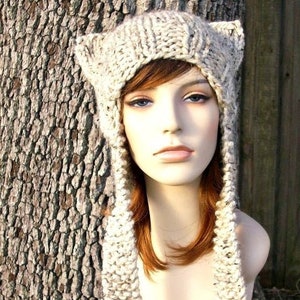 Chunky Knit Hat, Cat Ear Hat, Hand Knit Cat Hat, Womens Hat, Mens Hat, Winter Hat, Earflap Hat, Ear Flap Hat, Cat Beanie, Oatmeal