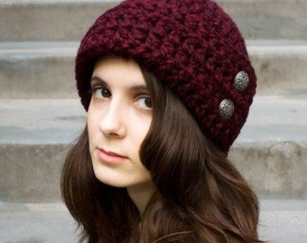 Chunky Crochet Hat, Womens Hat, Mens Hat, Winter Hat, Crochet Cloche Hat, 1920s Flapper Hat, Crochet Beanie, Garbo Cloche, Claret