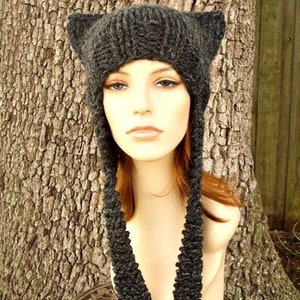 Chunky Knit Cat Hat, Womens Hat, Mens Hat, Winter Hat, Earflap Hat, Cat Ear Hat, Charcoal Grey