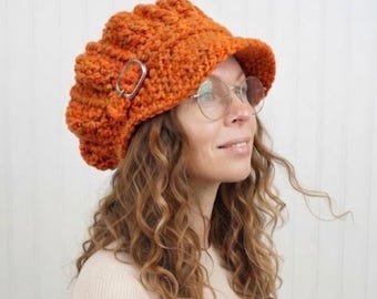 Chunky Crochet Newsboy Hat, Pumpkin Orange Baker Boy Cap, Monarch Newsboy Cap, Winter Hat for Women & Men, Fall Fashion Accessory