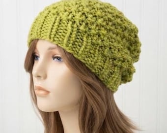 Chunky Knit Hat, Warm Soft Wool Blend Winter Beanie for Women and Men, Mossy Beanie, Pea Green