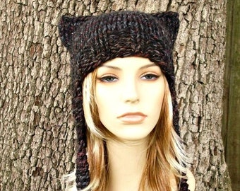 Knit Hat Womens Hat - Ear Flap Hat Cat Hat in Black Grey Maroon Knit Hat Blackstone Hat - Ear Hat Winter Hat