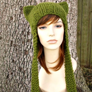 Women's Cat Hat, Chunky Knit Hat, Womens Hat, Winter Hat, Ear Flap Hat, Cat Beanie Cilantro Green