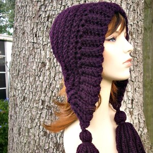 Womens Crochet Hat Womens Hat Crochet Hood Tassel Hat in Eggplant Purple Crochet Hat - Purple Hat Purple Hood Womens