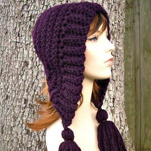 Womens Crochet Hat Womens Hat Crochet Hood Tassel Hat in Eggplant Purple Crochet Hat - Purple Hat Purple Hood Womens