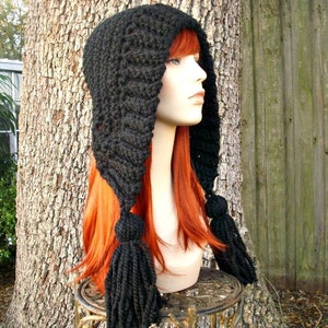 Black Crochet Hat Women Hat Crochet Hood Hat Black Tassel Hat Black Ear Flap Hat - Black Hat Black Hood Winter Hat