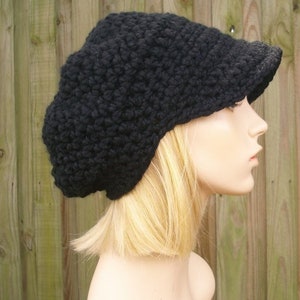 Chunky Crochet Hat, Womens Hat, Mens Hat, Winter Hat, Newsboy Hat, Newsboy Cap, Slouchy Beanie, Crochet Beanie, Crochet Cap, Black