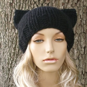 Knit Cat Hat Black Cat Hat Black Cat Beanie Black Knit Hat Black Womens Hat Black Hat Black Beanie Womens Accessories Winter Hat image 1