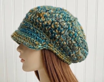 Chunky Crochet Hat, Womens Hat, Mens Hat, Winter Hat, Newsboy Hat, Monarch Newsboy Cap, Blue Yellow and Green