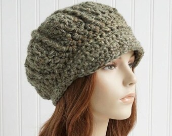 Chunky Crochet Newsboy Hat for Women and Men, Winter Newsboy Cap with Brim, Soft Warm Wool Blend Golf Cap, Baker Boy Hat, Ivy Green
