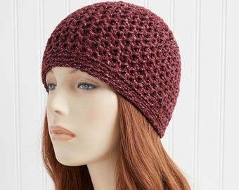 Crochet Mesh Beanie, Handmade Fitted Hat For Women and Men, Burgundy and Silver