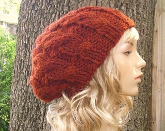 Chunky Knit Hat, Womens Hat, Mens Hat, Winter Hat, Cable Knit Beret, Slouchy Beanie, Slouchy Hat, Cable Beret, Burnt Orange Spice