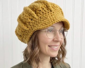 Chunky Crochet Newsboy Hat, Winter Golf Cap with Brim for Women and Men, Baker Boy Hat, Mustard