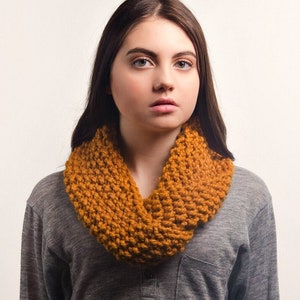 May include: A woman wearing a gray long-sleeved shirt with a brown knitted infinity scarf.