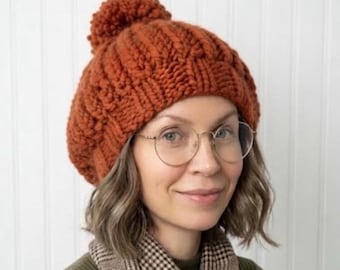 Chunky Knit Hat, Womens Hat, Mens Hat, Winter Hat, Oversized Beret, Knit Beret, Knit Beanie, Ludmilla Ribbed Beret, Spice Burnt Orange
