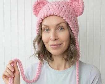 Crochet Bear Hat, Blossom Pink Bear Ear Bonnet, Chunky Winter Hat For Adults and Teens