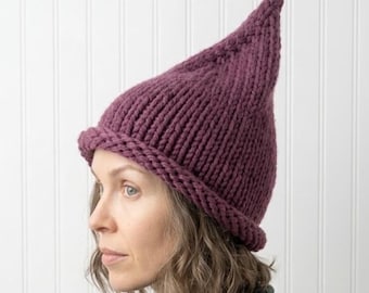 Hand Knit Chunky Purple Witch Hat, Wizard Beanie, Halloween Costume