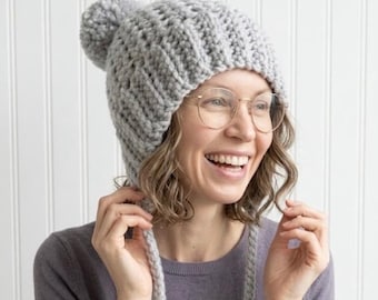 Chunky Crochet Hat, Crochet Beanie, Hat with Pom Poms, Womens Hat, Winter Hat, Earflap Hat, Crochet Bonnet, Starla Bonnet, Light Grey