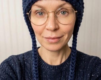 Extra Large Chunky Knit Hat For Women or Men, Knit Cap, Knit Beanie, Winter Hat with Ear Flaps, Earflap Hat, Garter Knit Helmet, Navy Blue