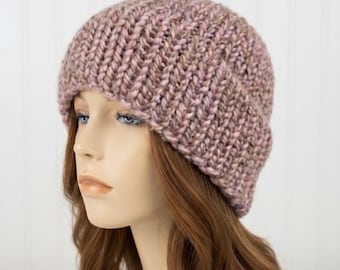 Chunky Knit Hat for Women and Men, Warm Wool Blend Winter Beanie, Double Thick Brim Cap, Delphine Beanie, Lavender and Bronze