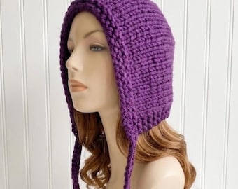 Bonnet en tricot adulte, capuche tricoté à la main, capuche elfe, gros bonnet en maille, bonnet femme, bonnet homme, chapeau d'hiver, casquette aviateur, violet