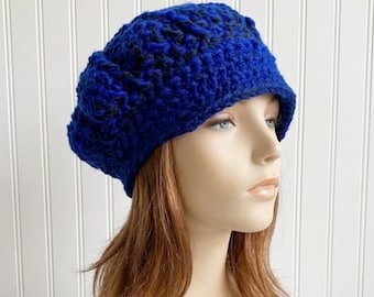 Chunky Crochet Hat, Womens Hat, Mens Hat, Newsboy Cap, Newsboy Hat with Brim, Winter Hat, Golf Cap, Baker Boy Hat, Electric Blue and Black