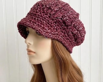 Chunky Crochet Newsboy Hat for Women and Men, Winter Newsboy Cap with Brim, Golf Cap, Baker Boy Hat, Wine Red and Silver