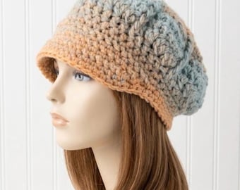 Chunky Crochet Hat, Womens Hat, Mens Hat, Newsboy Cap, Newsboy Hat with Brim, Winter Hat, Golf Cap, Baker Boy Hat, Seafoam and Clay