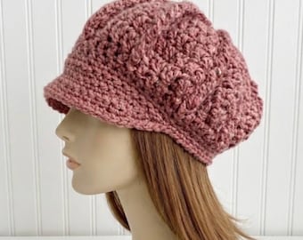 Chunky Crochet Hat, Womens Hat, Mens Hat, Winter Hat, Newsboy Hat, Monarch Newsboy Cap, Blush Pink Heather