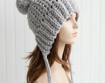 Chunky Crochet Hat, Crochet Beanie, Hat with Pom Poms, Womens Hat, Winter Hat, Earflap Hat, Crochet Bonnet, Starla Bonnet, Light Grey