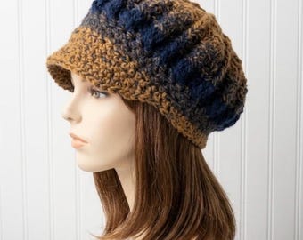 Chunky Crochet Hat, Womens Hat, Mens Hat, Newsboy Cap, Newsboy Hat, Hat with Brim, Winter Hat, Golf Cap, Baker Boy Hat, Navy and Ochre