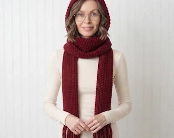 Chunky Crochet Hooded Scarf, Red Riding Hood, Cranberry
