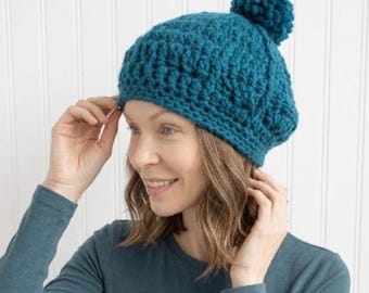 Oversized Crochet Beret with Pom Pom, Chunky Crochet Hat, Womens Hat, Mens Hat, Winter Hat, Monarch Beret, Teal Blue